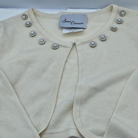 Sweet Charmers Ivory Cropped Cardigan Pearl Embellished Neckline Long Sleeves Wo - Picture 5 of 14